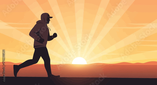 Silhouette Runner Enjoying Golden Hour During Sunrise With Bursting Sun Rays Background