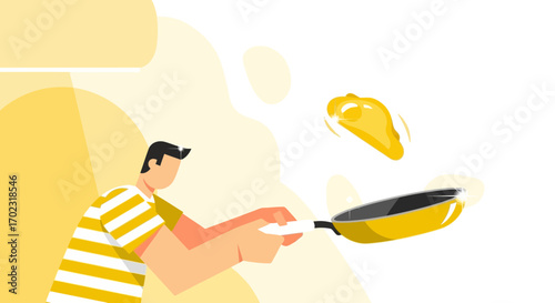 Person Flipping Pancake In Pan, Isolated On White Background, Breakfast Preparation Concept