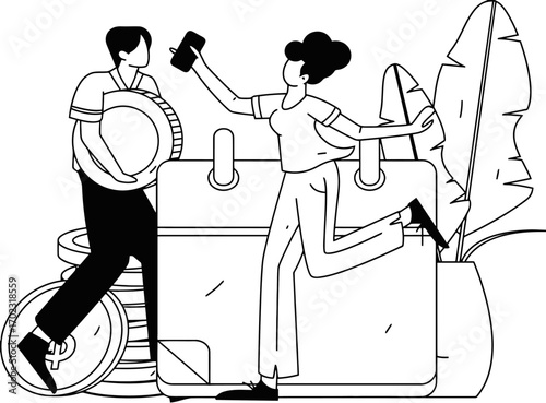 Dynamic duo planning financial growth with calendar, money, and phone in hand, scheduling success and capturing moments of progress in a modern and minimalist style illustration