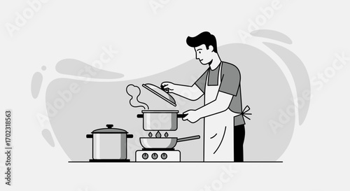Simple Illustration of a Person Cooking Food in the Kitchen with a Stove and Pots