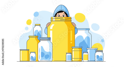 Person Hiding Behind Jars Illustration, Concept of Privacy, Isolation, or Containment