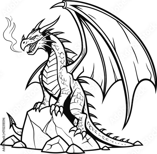 Fierce dragon exhaling smoke on rocks mythical creature