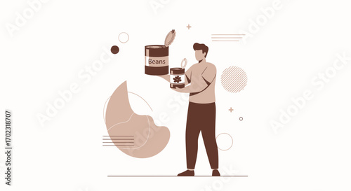 Person Holds Canned Beans, A Modern Flat Vector Illustration, Simplified Minimalism Style