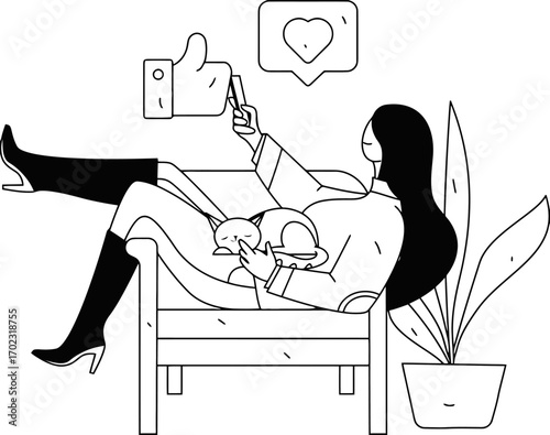 Relaxed woman on social media, enjoying downtime with her cat in a stylish living room, connecting with friends and family, generating likes and heart emojis, showing a modern lifestyle