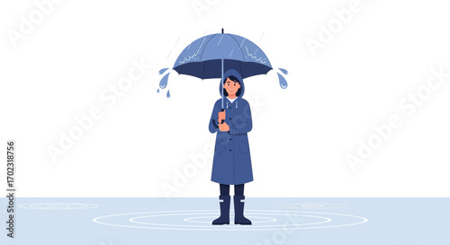 Person in raincoat with umbrella stands in the rain minimalistic flat design illustration