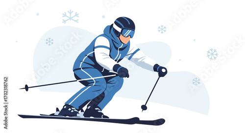 Skier Descending Snowy Slope Under Snowflakes In Winter Season Illustration
