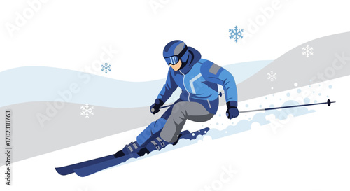Skier Descending Snowy Slope At High Speed With Snowflakes And Winter Ambiance
