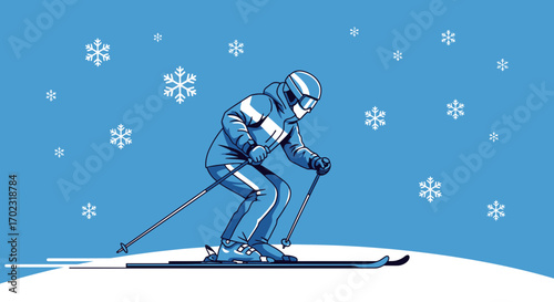 Skier Gliding Downhill Amidst Snowflakes and Fresh Snow in Winter Season