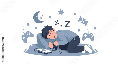 Sleeping gamer with controller dreaming of games and stars at night showing rest