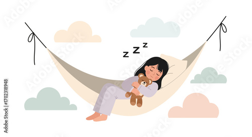 Sleeping girl in a hammock with teddy bear and dreamy clouds illustration