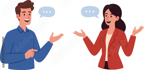 Business colleagues talking, professional communication, team discussion in office, workplace conversation with speech bubbles, corporate interaction concept, business dialogue illustration