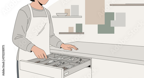 Person organizing silverware drawer in a modern minimalist kitchen design