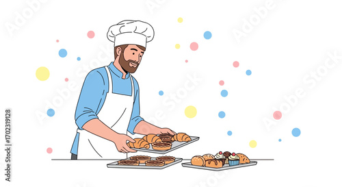 Smiling Baker Holding Pastries and Baked Goods on Trays in a Bakery Setting