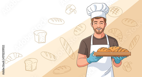 Smiling Baker Holding Freshly Baked Bread Loaves in a Presentation Tray