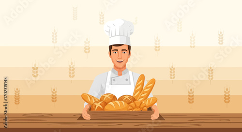 Smiling Baker Displaying Freshly Baked Bread Loaves, Delightful And Ready To Serve