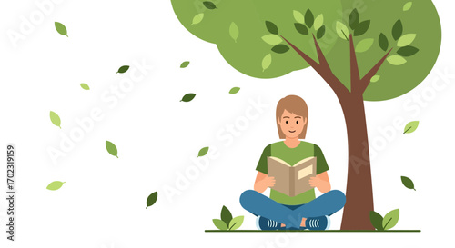 Person reading a book under a tree relaxing in nature with falling leaves