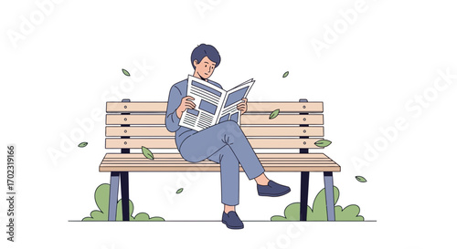 Person Reading Newspaper On Park Bench In Simple Flat Illustration Style