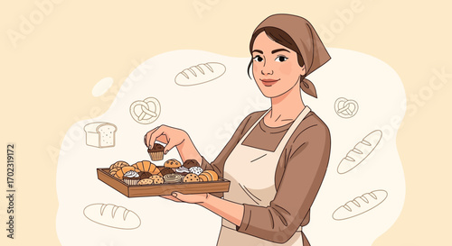 Smiling Baker Presenting Freshly Baked Goods, Ready For Your Delicious Satisfaction