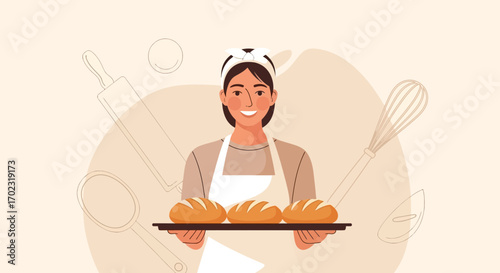 Smiling Baker Presenting Freshly Baked Loaves of Bread In Pastel Illustration