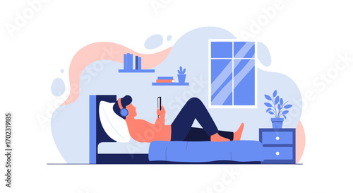 Person relaxing in bed wearing headphones while using a smartphone in a bedroom illustration