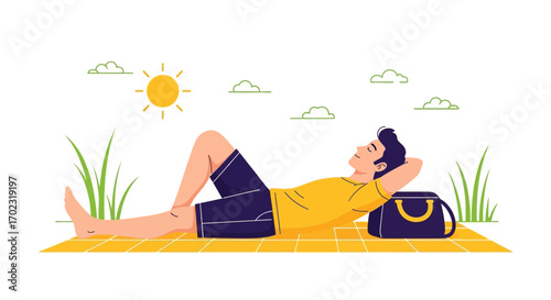 Person Relaxing Outdoors on Sunny Day with Bag, Enjoying Rest, Calmness, and Leisure