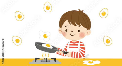 Smiling Child Preparing Breakfast With Fry Pan And Eggs On The Yellow Table