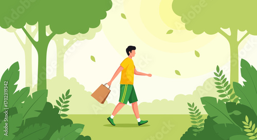 Person Strolling In Park Surrounded By Lush Green Forest And Carrying A Shopping Bag