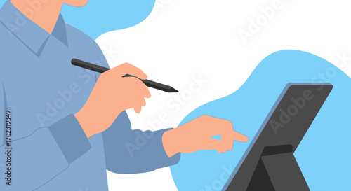 Person using a digital tablet with a stylus to create or interact, vector illustration