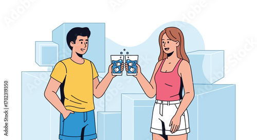 Smiling Couple Cheers With Refreshing Drinks On A Sunny Day In Relaxed Summer.