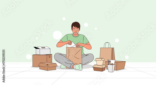 Person Unpacking Packages At Home After Receiving Delivery With Boxes And Bags Relaxing