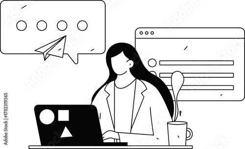Businesswoman working online, sending emails and connecting on social media with laptop and coffee, perfect for modern communication and digital marketing campaigns