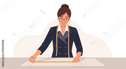 Smiling Dressmaker Measuring Fabric, Ready For Garment Making in a Fashion Design Studio