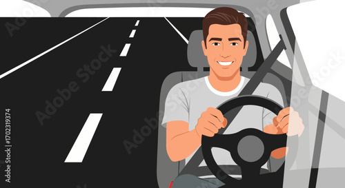 Smiling Driver Confidently Operates Vehicle on Paved Roadway to Travel