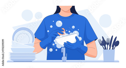 Person Washing a Dish in The Kitchen with Cleaning Supplies and Utensils