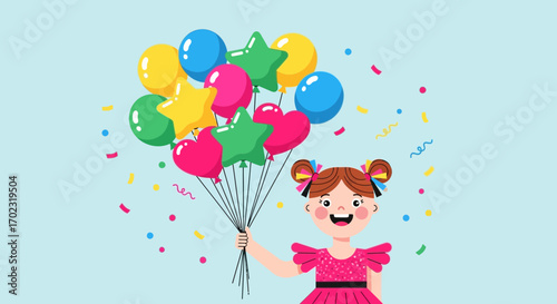 Smiling girl holding colorful balloons celebrating a birthday or special occasion