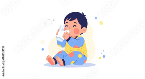 Smiling Infant Drinks Milk Representing Health And Wellbeing Throughout The Day