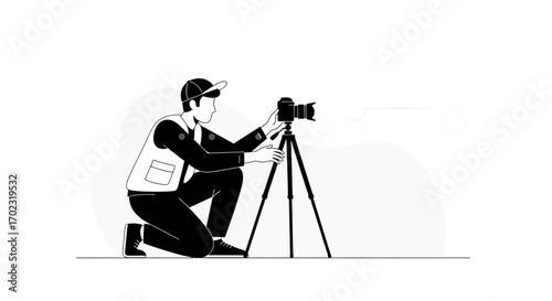 Photographer Adjusting and Preparing Camera on Tripod, Getting Ready to Capture Image Perfectly