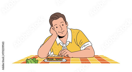 Smiling Man Contemplating A Sandwich And Enjoying A Relaxing Moment Of Leisure