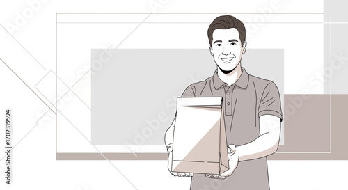 Smiling Man Delivers A Package Against A Modern Geometric Gray And White Pattern Background