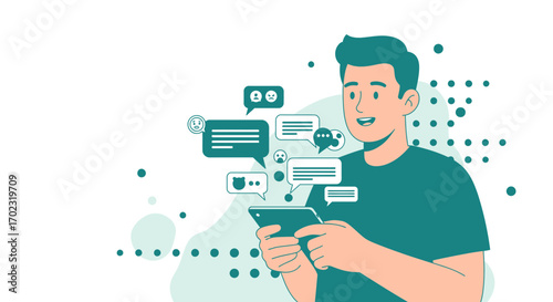 Smiling Man Texting With Speech Bubbles Depicting Digital Communication And Reactions