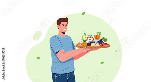 Smiling Man Presenting Tray Of Fresh Fruits And Vegetables Against Green Backdrop