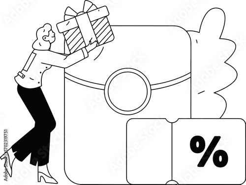 Excited shopper receives a gift card and discount coupon, celebrating savings and rewards, perfect for holiday promotions, loyalty programs, and special offers, minimalistic style