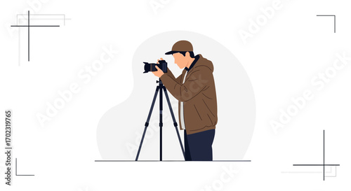 Photographer Capturing Images With Modern Camera Positioned On Steady Tripod Stand