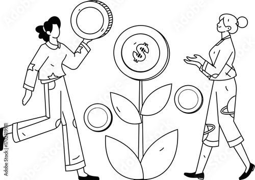 Creative financial planning illustration features two people nurturing a money plant and investing in coins to grow wealth, depicting investment growth and financial success, a modern business concept