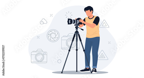 Photographer Focusing On His Work And Composition Using Professional Photography Equipment