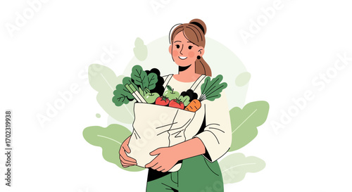 Smiling Woman Carrying Groceries: Fresh Produce In Eco-Friendly Bag, Healthy Eating Habit
