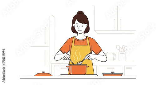 Smiling woman cooking using a spoon inside the kitchen during a sunny day