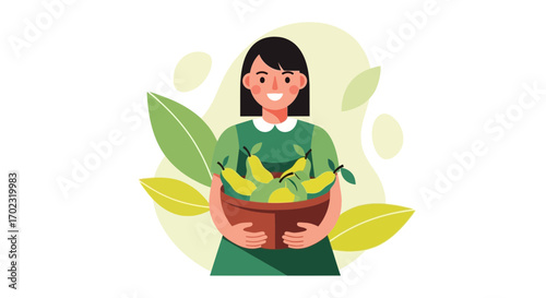 Smiling woman holding a bowl of fresh pears and leaves against a light background