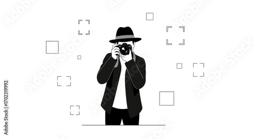 Photographer Is Taking The Perfect Shot With Camera, Illustration In Minimalist Style