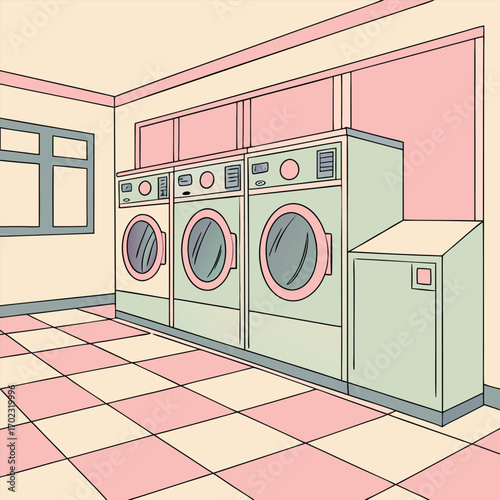Charming vintage laundry room illustration featuring pastel colored washing machines and dryers evoking a retro domestic scene with a clean graphic style